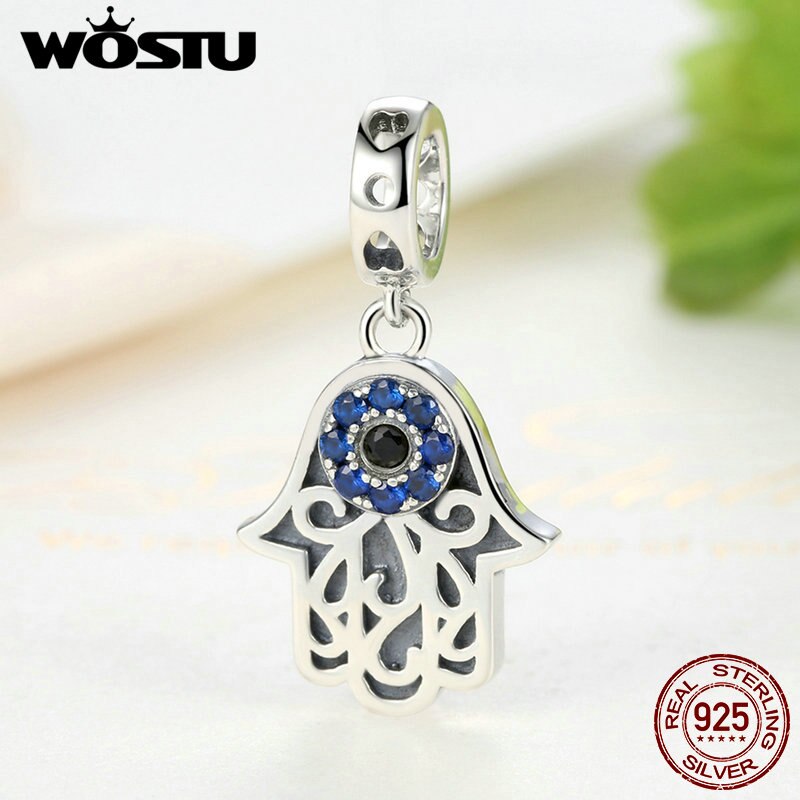 WOSTU Echt 925 Sterling Zilveren Hamsa Hand Eye Charms Bengelt Fit Originele Armband Ketting Authentieke Sieraden