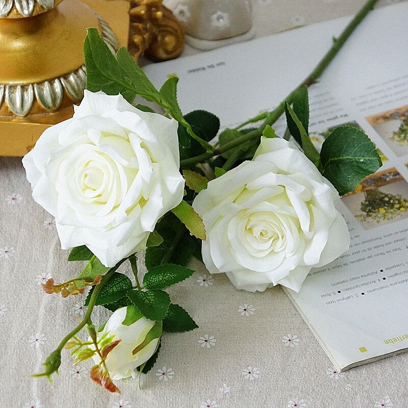 Luxe Grote Rose Tak Met Leaf Kunstzijde Bloemen Wedding Home Woonkamer Decoratie Flores Artificiales: white