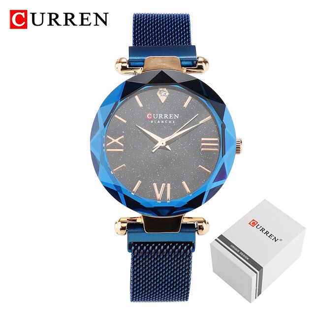 CURREN Luxe Vrouwen Horloges Mesh Dames Klok Magneet Gesp Starry Diamond Geometrische Oppervlak Casual Quartz Horloge: Blue