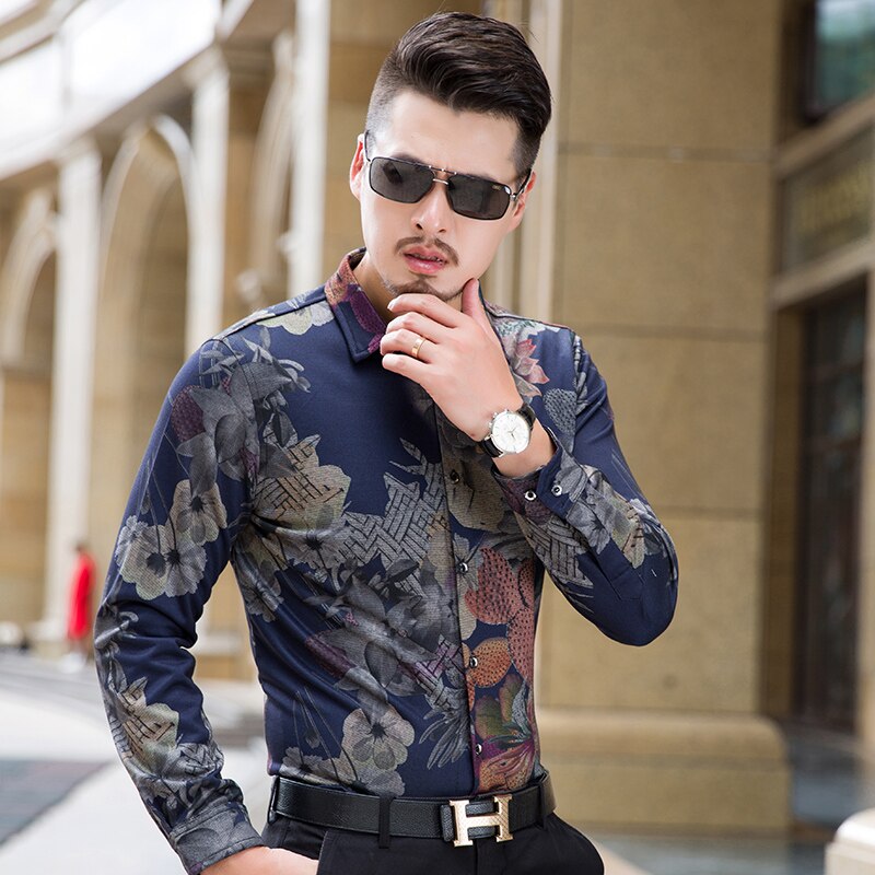 Autumn Plus Size Casual Floral Shirts Men Clothing Simple Regular Fit Long Sleeve Blouse Homme 7XL 6XL 5XL-M