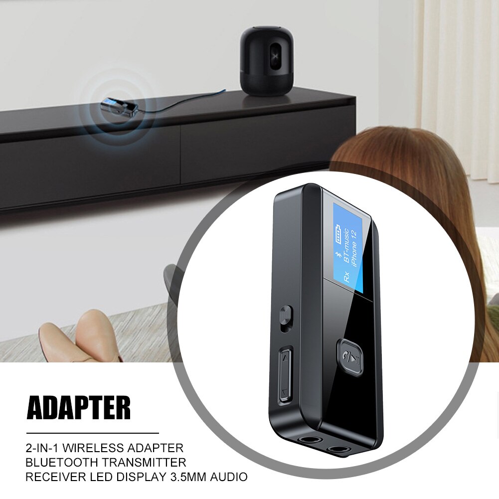 2-in-1 Home Low Latency Transmitter Receiver LED Display USB Music Mobile Phone Battery Powered Black Wireless Adapter