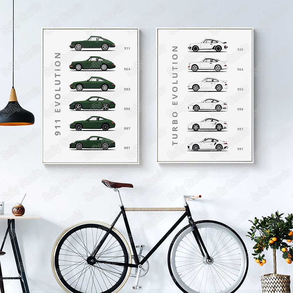 The evolution  of 911 och turbo abstrakt canvas målning färgglad bilaffisch och tryck modern stil heminredning väggkonstbild