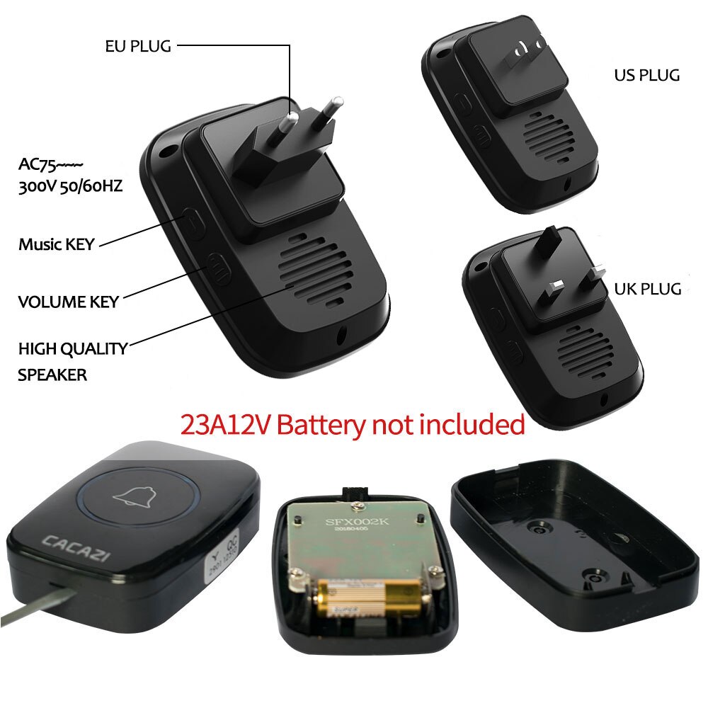 CACAZI-bezprzewodowy dzwonek do drzwi, domowy, inteligentny, wodoodporny, zasięg 300 m, wtyczka US, UE, UK, AU, dzwonek 1, 2, przycisk 1, 2, 3, odbiornik