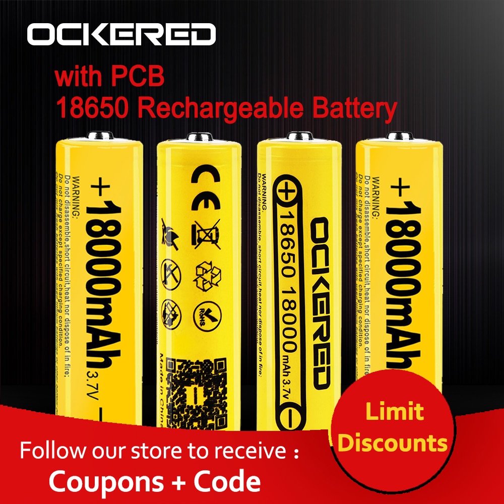 Ockered 18650 Batterij 3.7V 18000Mah Lithium Oplaadbare Batterij Voor Zaklamp Pcb Batterij Met Gratis 18650 Usb Batterij Oplader
