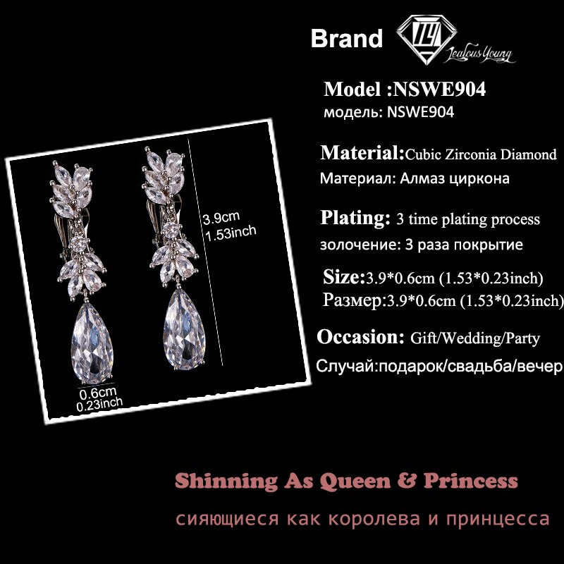 Leaf Zircon Clips Earrings for Women Silver Color Water Clip Earings Long Crystal Wedding Ear Cuff Jewelry