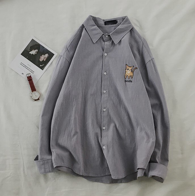 Long Sleeve Shirts Men Casual Japanese Style Shirt Mens Blouse Embroidered Pink Plus Size Students Clothes Aesthetic Blouses: Gray / M