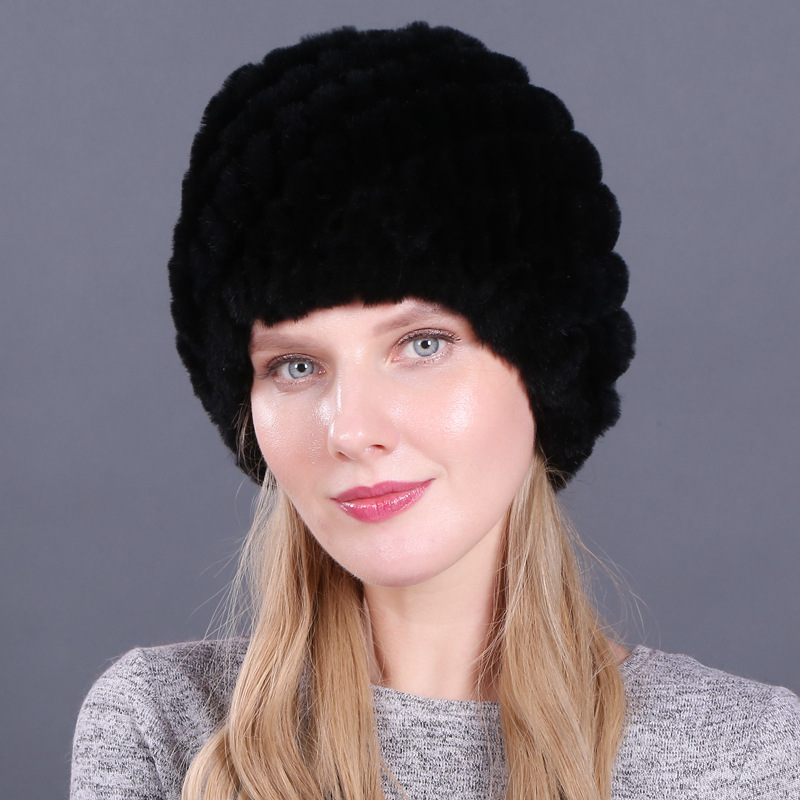 Dames RealRabbit bontmuts harige gebreide muts warme muts ski schedel cap: Marineblauw