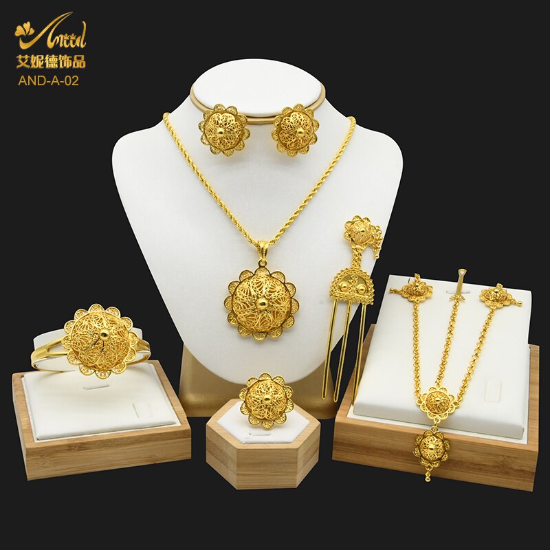 ANIID Dubai Ethiopian Flower Gold Plated 6pcs Jewelry Sets For Women Nigerian Luxury Necklace Jewellery Set Wedding Party: A-02-Gold