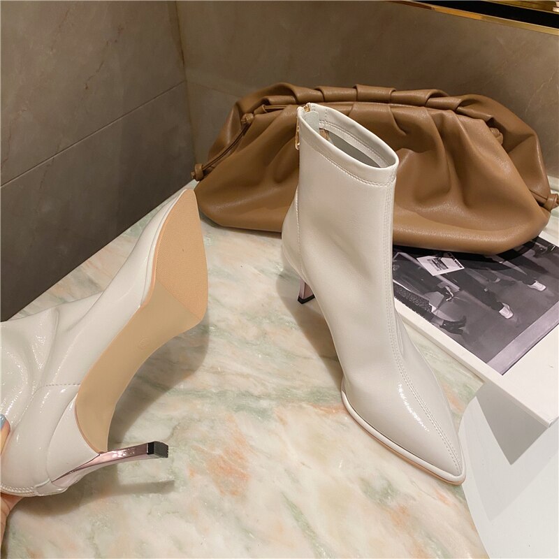 Dam lackkängor 6cm vita låga tunna höga klackar korta strumpor stövlar utomhus chelsea boots bota feminina