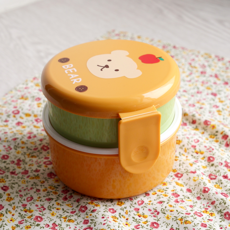 Cute Animal Lunch Box Japanese Double-layer Round Mini Bento Box Children's Fruit Box Snack Box Microwave Kids Lunch Box 540ml: Orange