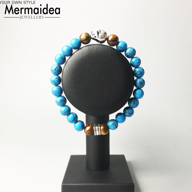 Tilbehør smykker lavasten blå sten perle kranium skelet sølvbelagt charme stretch armbånd til kvinder