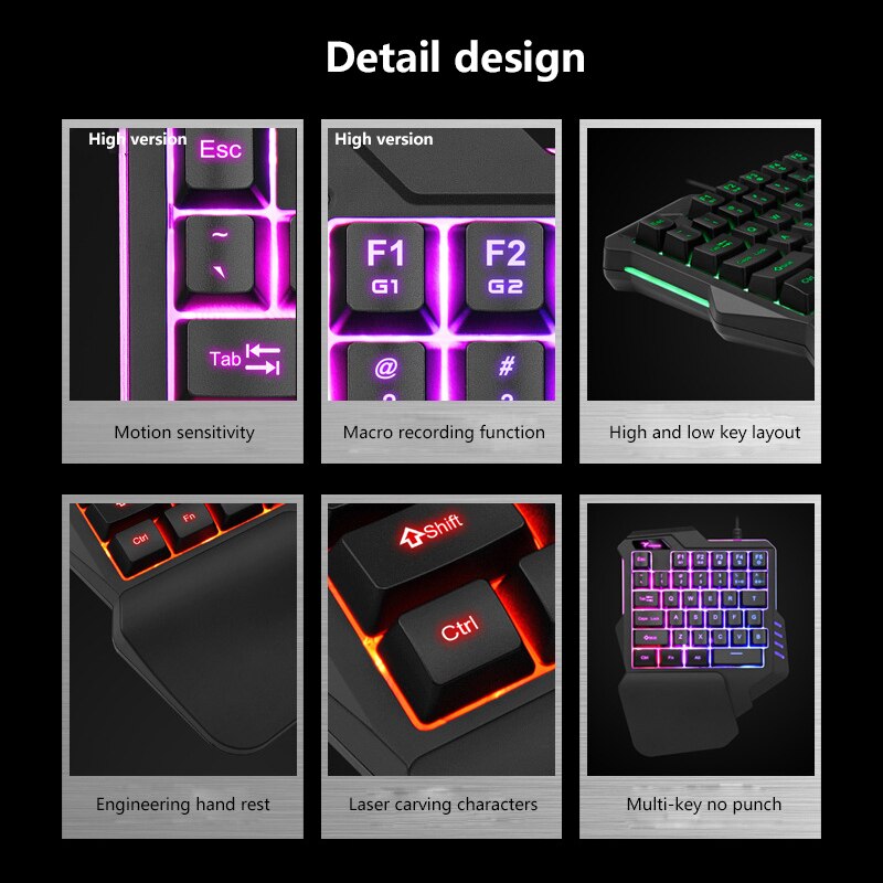 Single Hand Gaming Keyboard Mini Usb Wired Mouse Combos One Handedly For Mobile Smartphone Colors LED Backlight Teclado Gamer