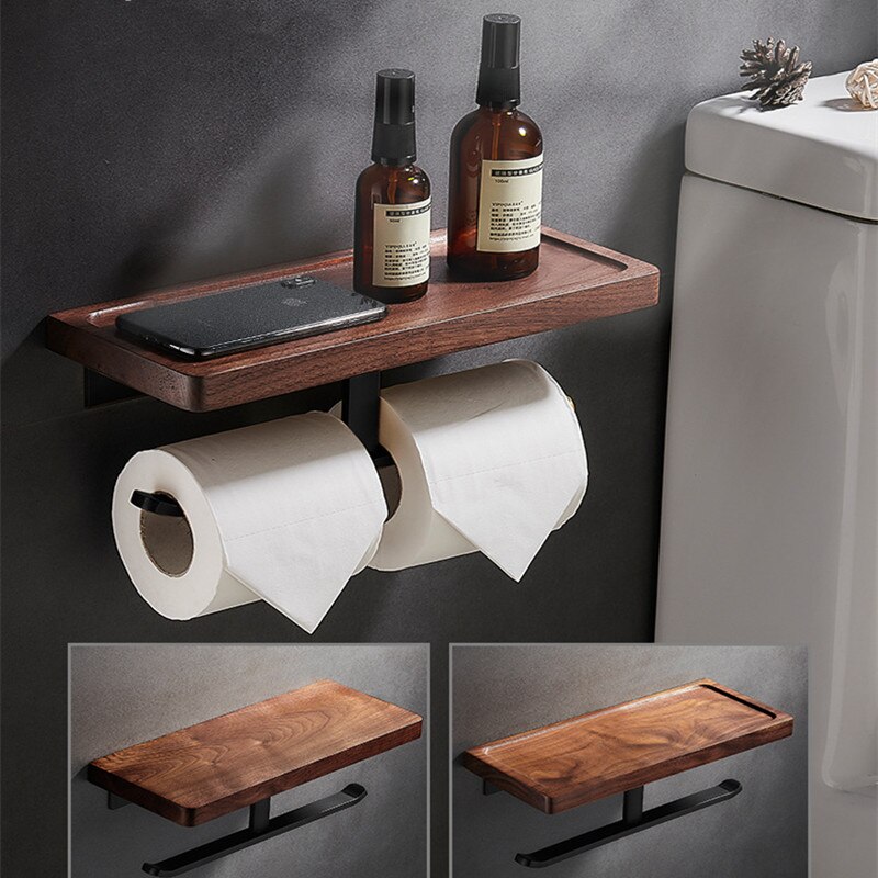 Porta Carta Igienica Con Ripiano In Legno Noce – Supporto Per Rotolo Con Superficie Scanalata, Design Salvaspazio