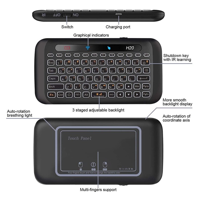 2.4G Wireless Keyboard H20 Mini Backlight Touchpad Air Mouse IR Leaning Remote Control for Andorid Box Smart TV Windows PC