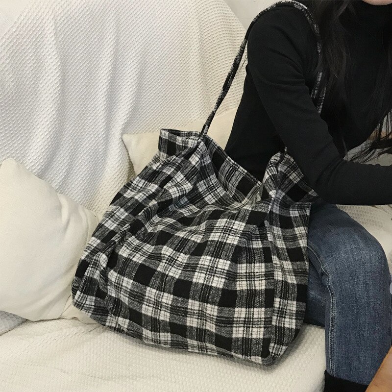 Youda coreana sencilla bolso de lona a cuadros bolso de gran capacidad bolso de hombro literario para mujeres bolso de compras para estudiantes: Black