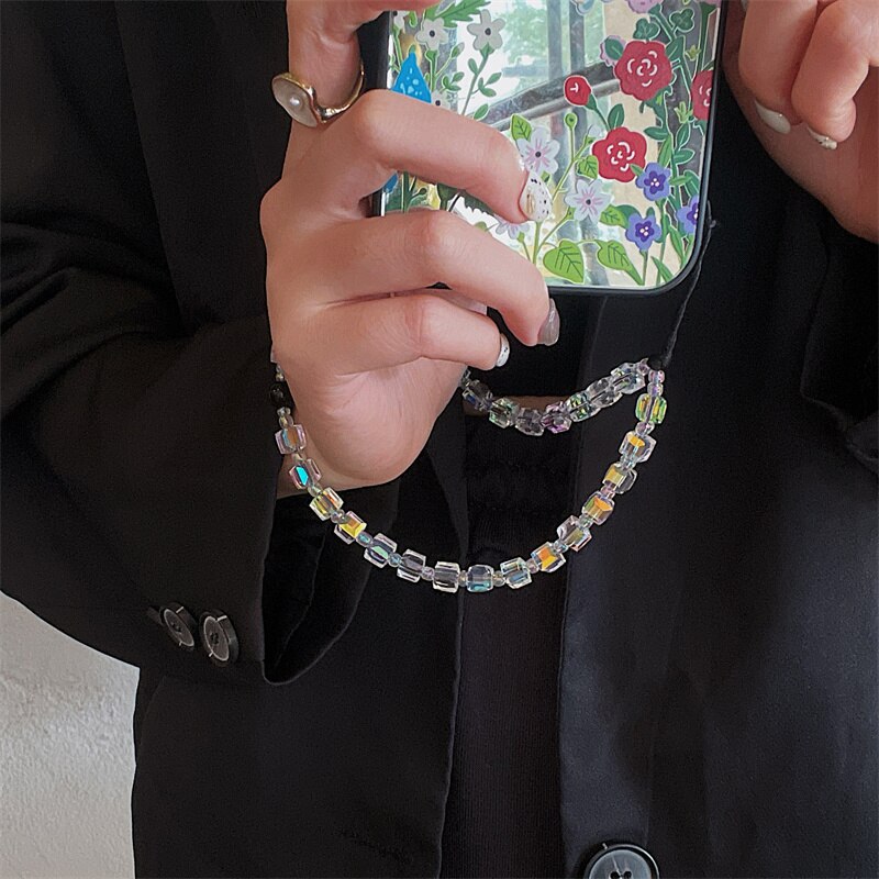 INS Colorful Crystal Bead Bracelet For iPhone 11 12 13 Pro Max Phone Case Portable Rope Cute Keychain Ornaments Hand Strap Chain