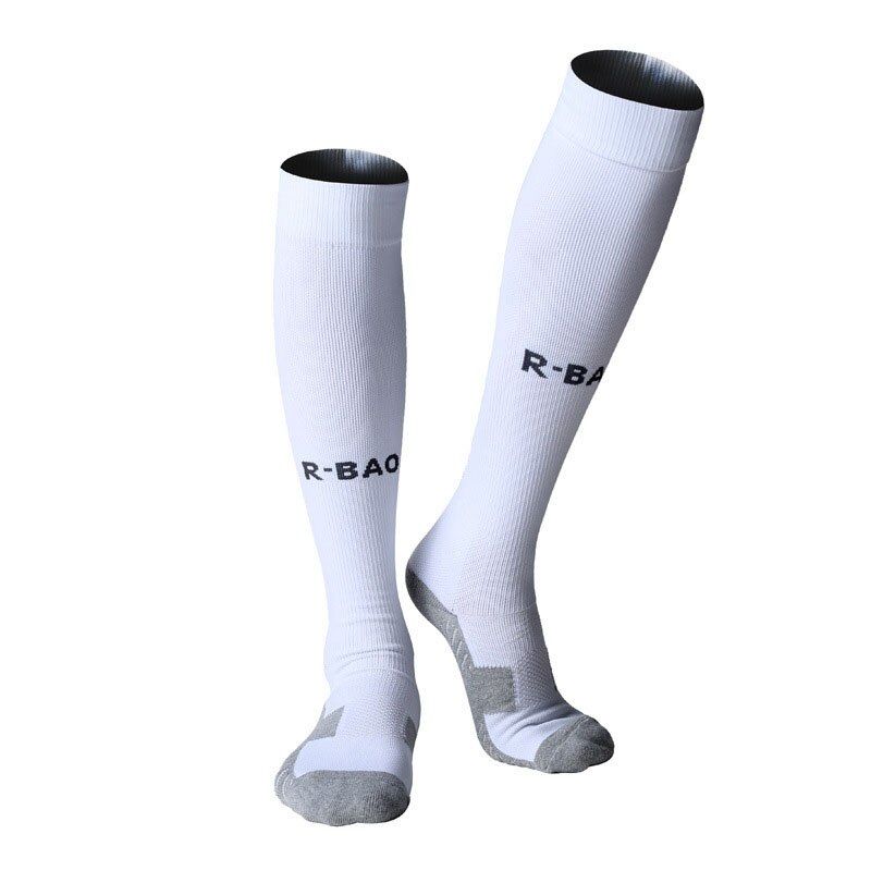 R-bao bomuld mænd 8 farver et par lange fodboldsokker skridsikker sport fodbold ankelben skinnebensbeskyttelse kompressionsbeskytter sokker: Hvid