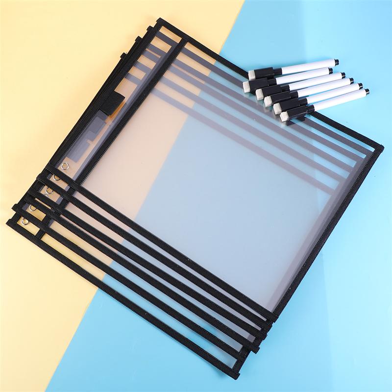 6PCS Reusable Clear PVC Dry Erase Pockets Sleeves with 6PCS Pens for Office Classroom Organization Teaching Supplies (Black)