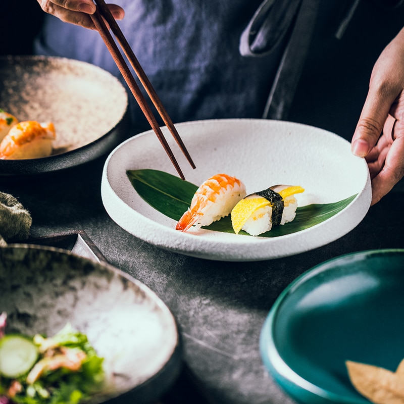 Japanese Art White Thick Edge Ceramic Western Steak Plate Restaurant Hotel High-end Tableware Household 8-inch Salad Sushi Plate