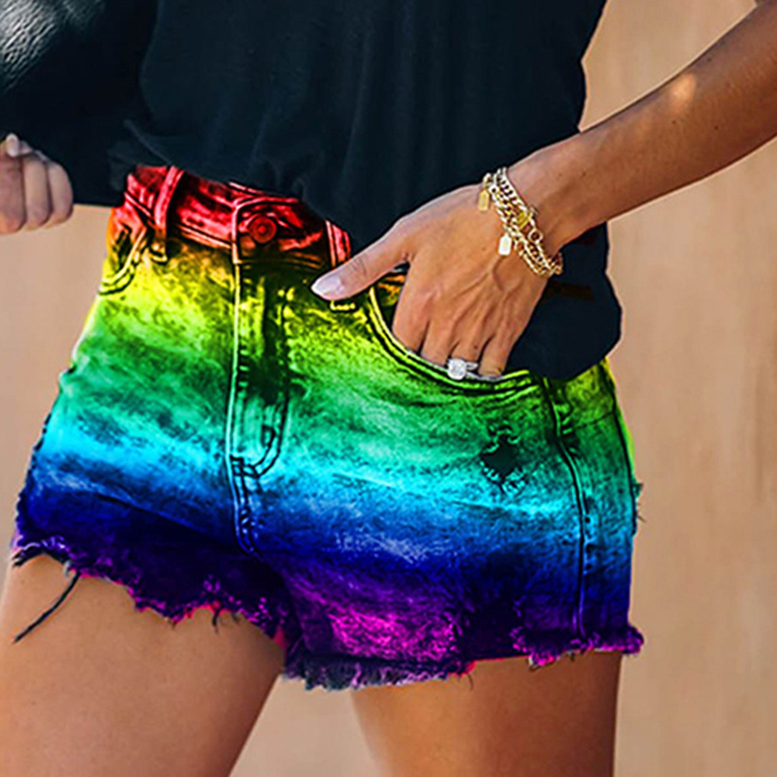 Sommerliche damen-freizeit-jeansshorts mit rissen, farbenfroh, aus baumwolle, sexy mit knöpfen