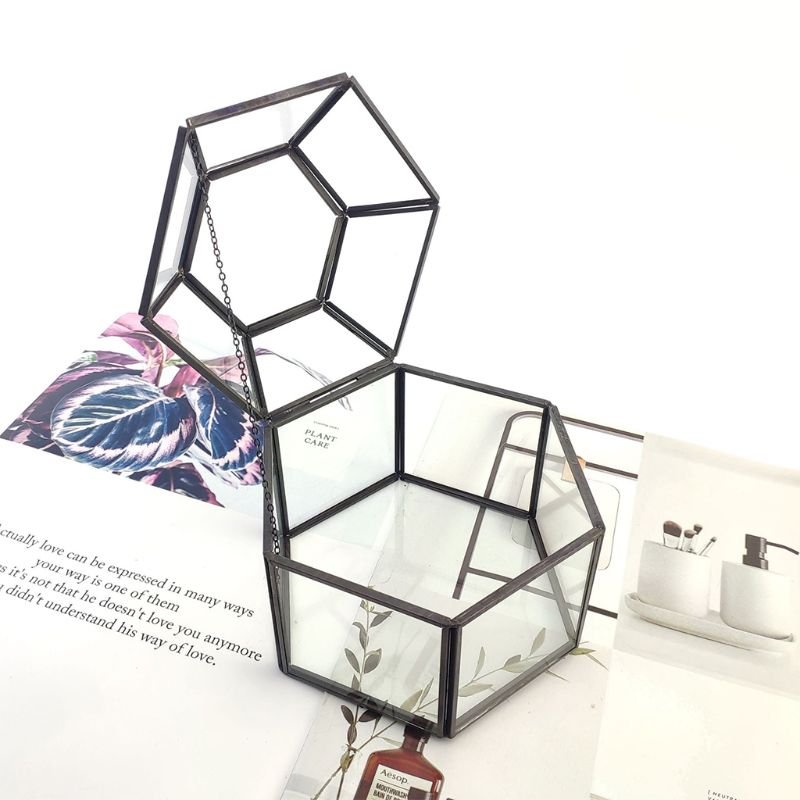 Clear Glass Hexagonal Jewelry Box with Lid, Hinged Top Lid Terrarium Jewellery Display Storage Organizer, Box Tabletop Display