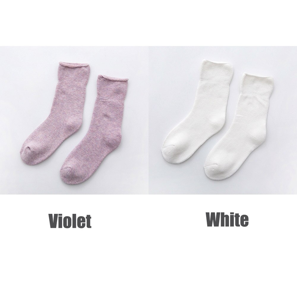 2 Paar Dikke Vrouwen Sokken Set Warme Katoen Sok Herfst Winter Effen Kleur Vrouwelijke Losse Mond Badstof Sokken Dames ademend: violet white