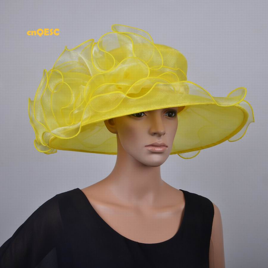 Lime green Wide brim Crystal organza hats church for kentucky derby wedding women's hat races: YELLOW