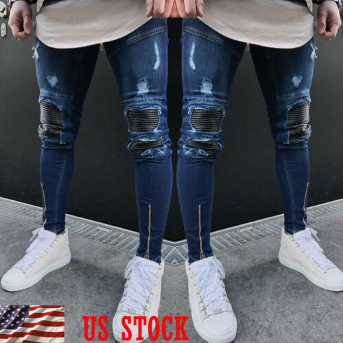 Gli uomini Alla Moda jeans Strappati, Pantaloni motociclista magro sottile Etero Pantaloni in denim Della Chiusura Lampo