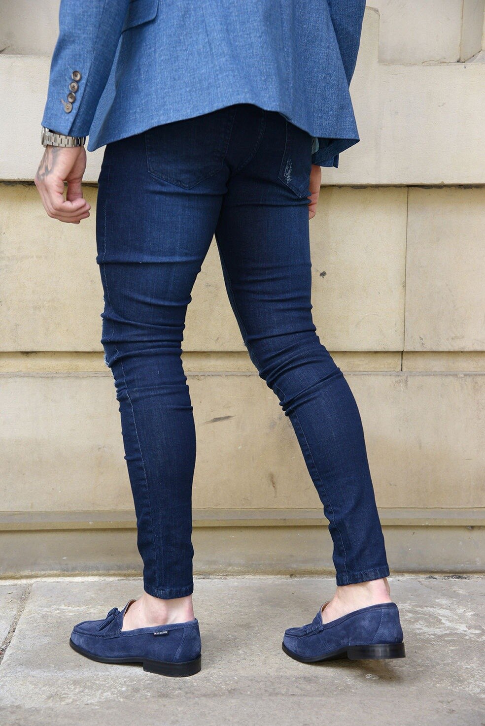 Duoweer-pantalones vaqueros rasgados para hombre, Jeans ajustados con lazo en el tobillo, ropa de calle informal, elásticos de tiro bajo, lápiz rascador