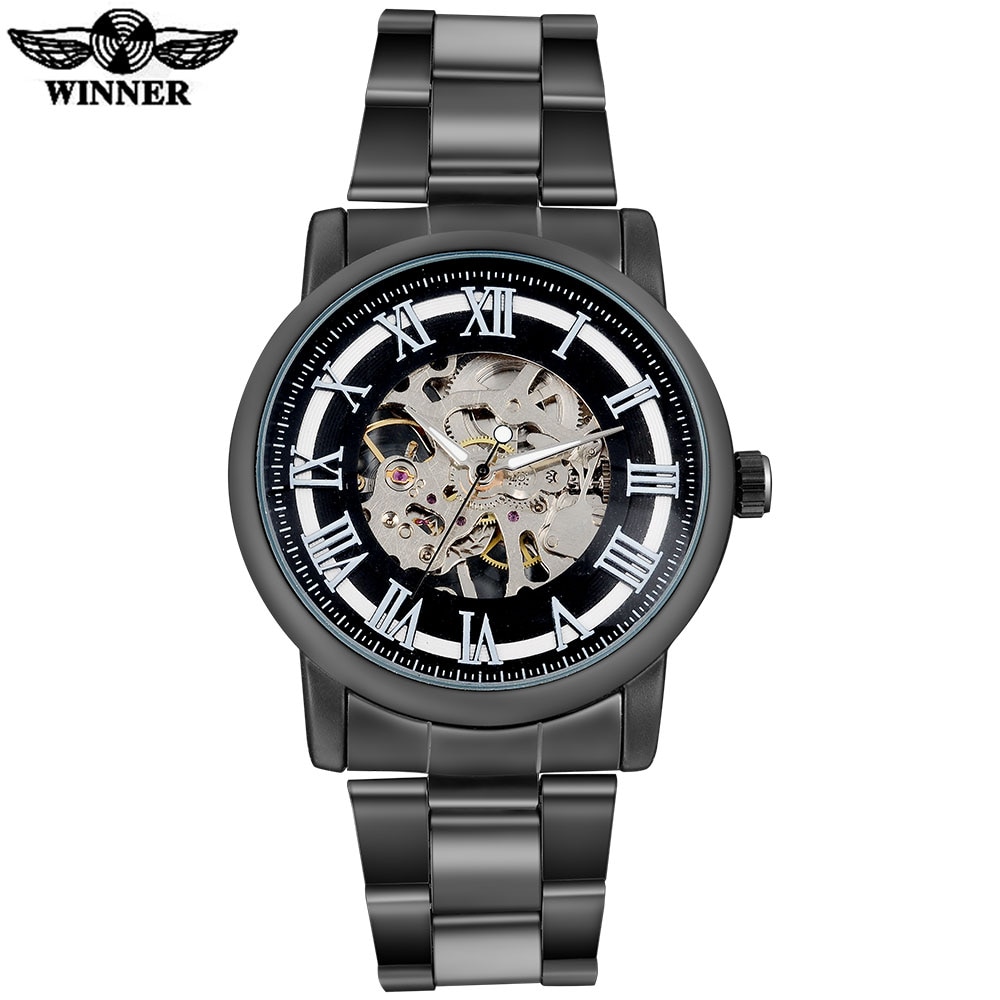 Winnaar China Mannen Mode Mechanische Kant Wind Horloges Skeleton Wijzerplaat Zwart Case Transparant Glas Roestvrij Stalen Band