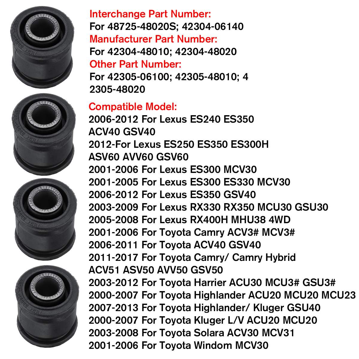 Brazo de montaje trasero para Toyota Camry Highlander Juego de 4 unidades, buje de nudillo para Lexus ES300/350 48725-48020S/42304-06140