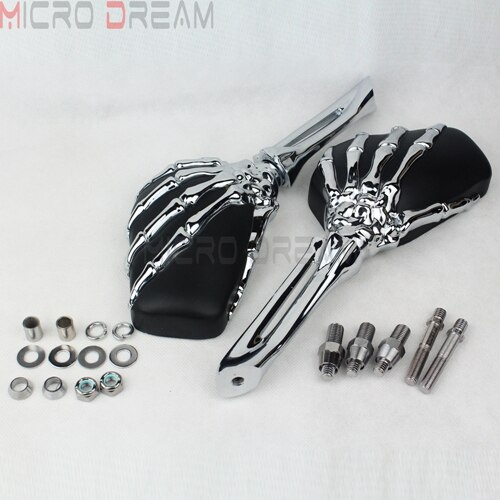 Aluminum Motorcycle Rear View Side Mirrors For Harley Chopper Bobber Fat Boy Cruiser Custom Skeleton Hand Claw Mirror: Chrome Black