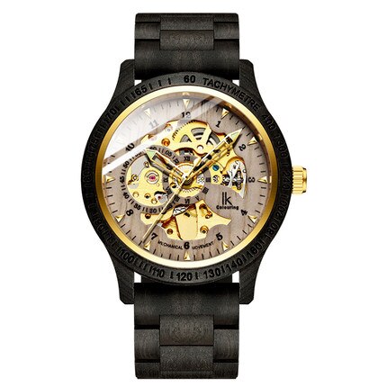 Mænd træ ure guld skelet ure mænd træ rem automatiske mekaniske armbåndsure ik farve relogio masculino: D1