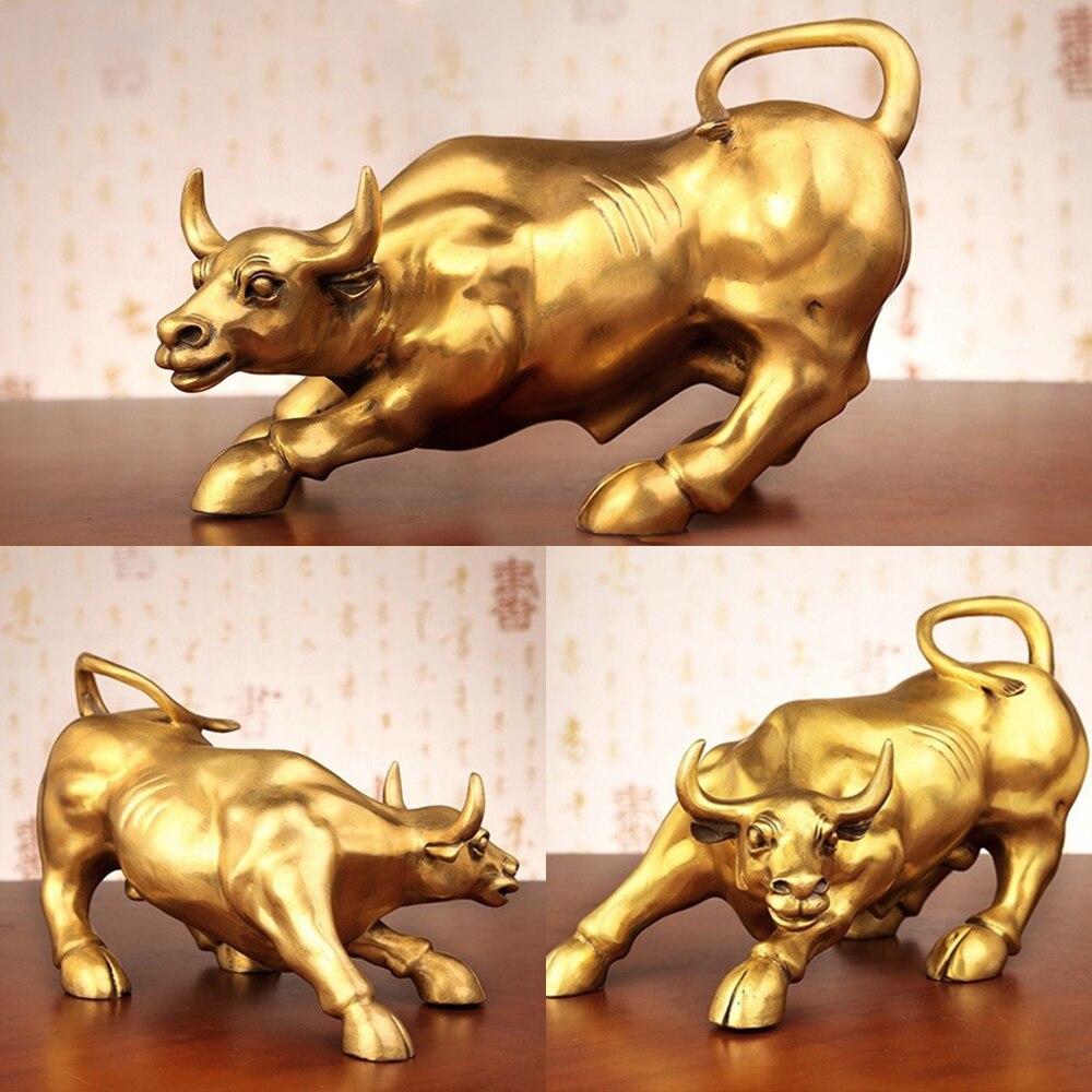 100% Messing Bull Wall Street Vee Sculptuur Koper Koe Standbeeld Mascotte Prachtige Ambachten Ornament Kantoor Decoratie Relatiegeschenk