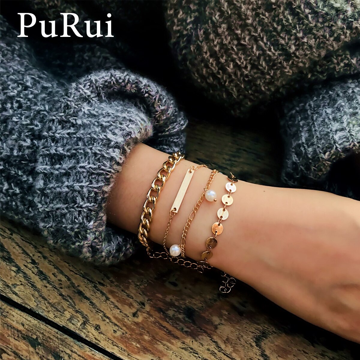 PuRui 4 pièces/ensemble Imitation perle breloque Bracelets pour femme multicouche bohème couleur or lien chaîne Bracelets Bracelets