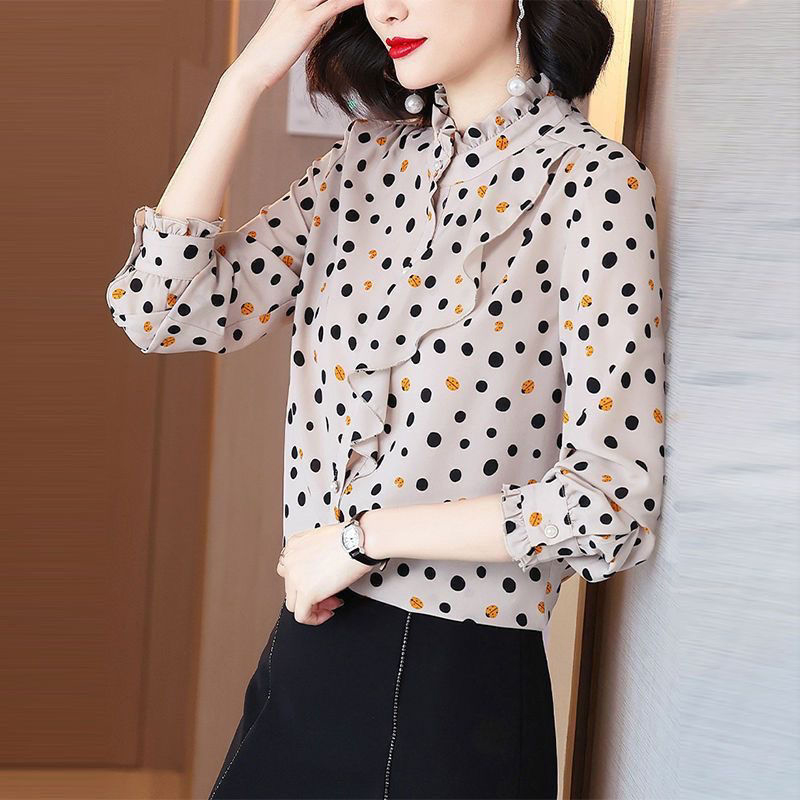 Zomer Ruches Opstaande Kraag Shirt Met Stippenprint Dames Met Lange Mouwen Elegante Mode Vesten Top Dames Losse Casual Blouse