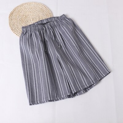 Japanese style linen men's knee length pants cotton gauze pajama striped shorts summer thin casual home sleep bottoms underwear: Gray