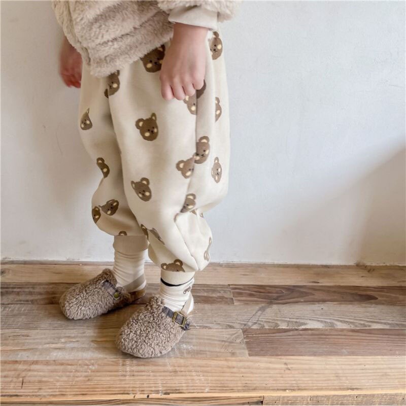 Winter Schattige Baby Beer Print Harembroek Fleece Warm Casual Broek Voor Jongens Baby Meisjes Losse Cartoon Broek kleding