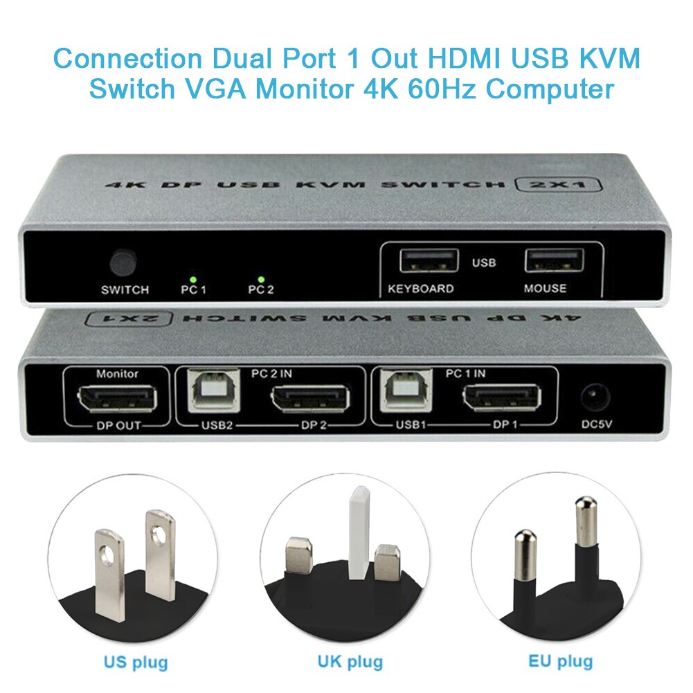 Dual Port Monitor Computer 1 Out KVM Switch VGA Mouse Support 4K 60Hz HDMI USB Stable Displayport Controller Connection