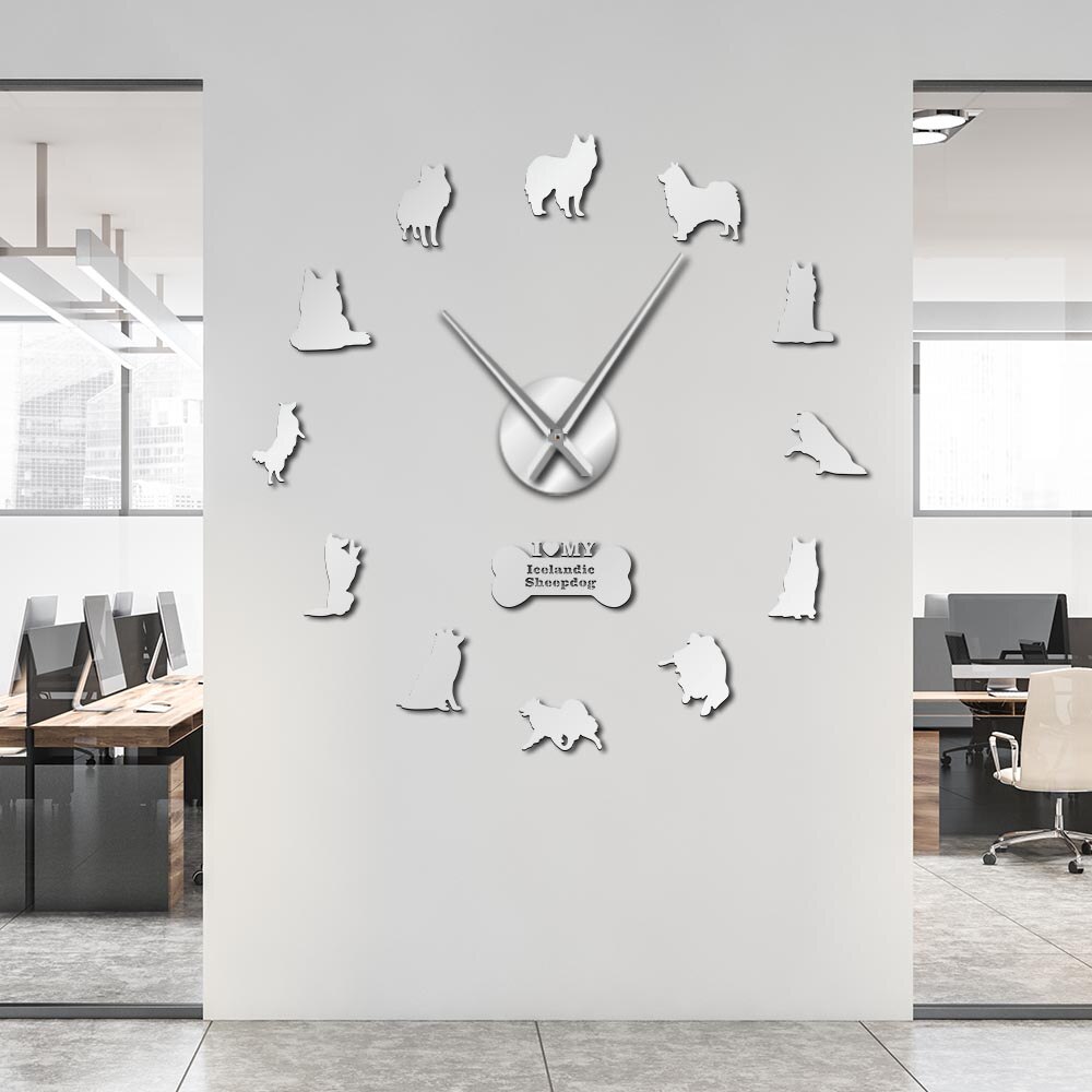 Grande horloge murale 3D suspendue en acrylique, grand décor scandinave de mouton, Surface de miroir, bricolage, Portrait de chiot pour amoureux des chiens, muet