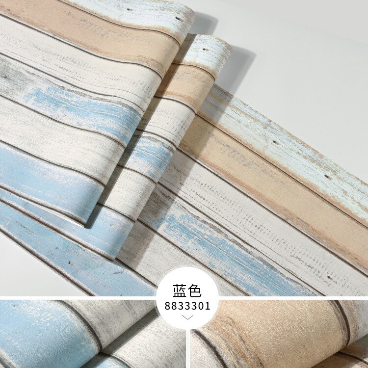 Papier peint intissé bleu Imitation bois pour mur derrière TV, salon, Film et télévision, Style méditerranéen: Bleu
