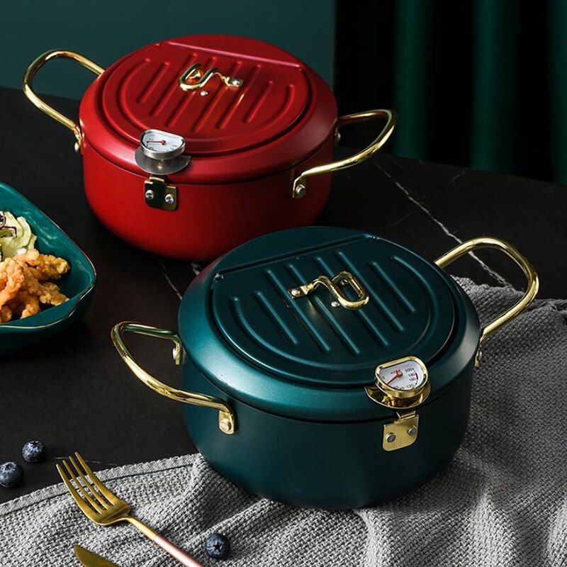 Kitchen Deep Frying Pot with Lid and Thermometer Non Stick Tempura Deep Fryer Stainless Steel French Fries Fryer Pan