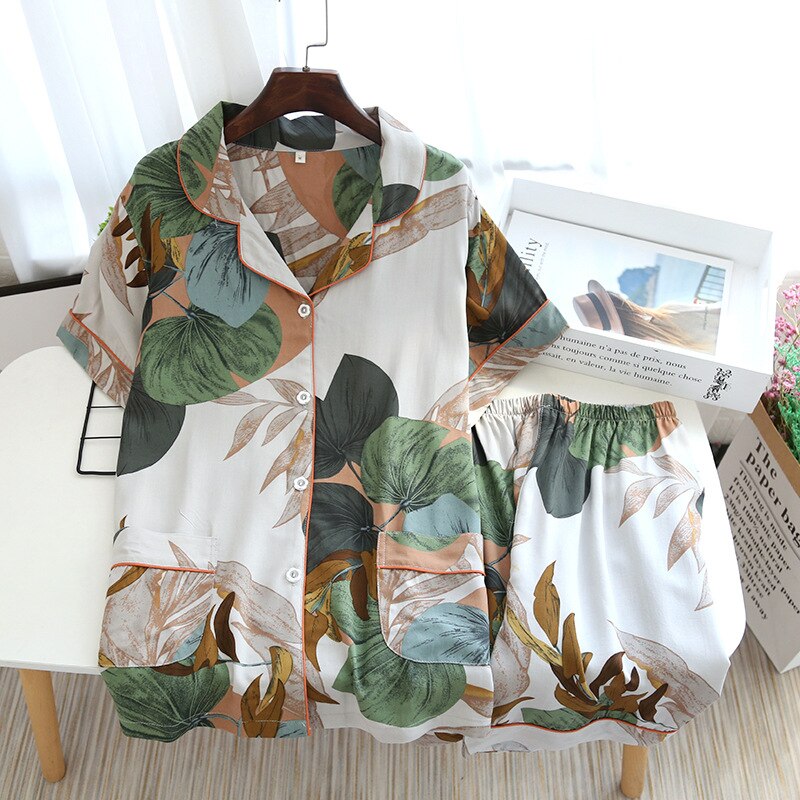 Dam pyjamas dam tunna kortärmade shorts tvådelade hemkläder lösa stjärnhimmel nattkläder sommar pyjamas pyjamas: Palmblad / M