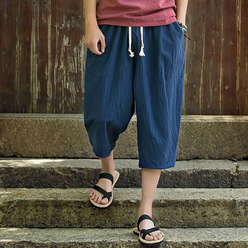 Sommer menn fritids sport cargo overall bukser joggebukser cropped legglengde løs linbukser med elastisk midje: Mørke blå / L