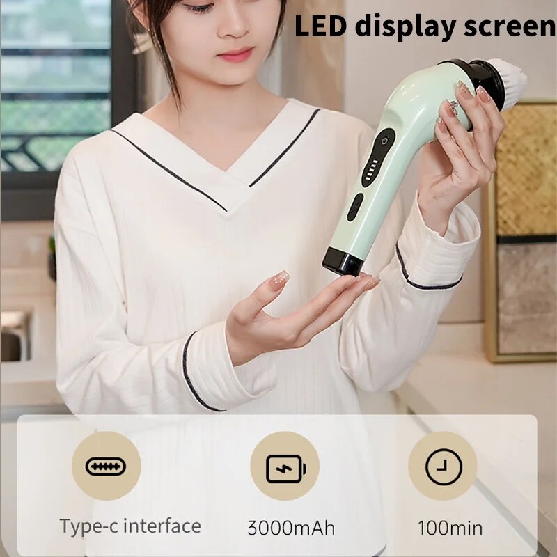 Brosse de nettoyage électrique rechargeable avec 7 têtes de brosse à récurer remplaçables, brosse électrique sans fil, brosse électrique de salle de bain pour nettoyer le carrelage, l'évier, la fenêtre, le sol