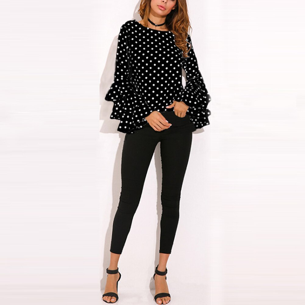 Túnicas 3XL 4XL 5XL de talla grande, camisa informal para mujer, blusas de lunares con volantes, blusas de manga larga con cuello redondo, blusas elegantes de oficina para mujer