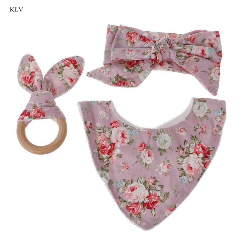 Klv 3 stuks baby konijnenoren bijtring katoenen slabbetjes hoofdband baby speeksel handdoek verzorgingsset