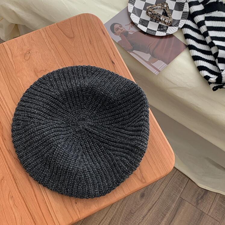 Autumn Winter Soft Knitted French Beret Women Female Solid Korean Knit Warm Berets Version Streetwear Painter Hat: Dark Gray