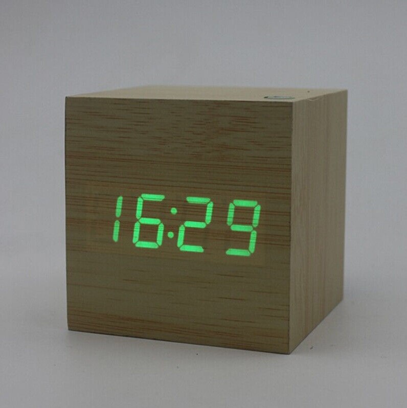 Houten Creatieve Kubus Digitale Led Desk Alarm Thermometer Timer Kalender Usb Aaa Klok: green