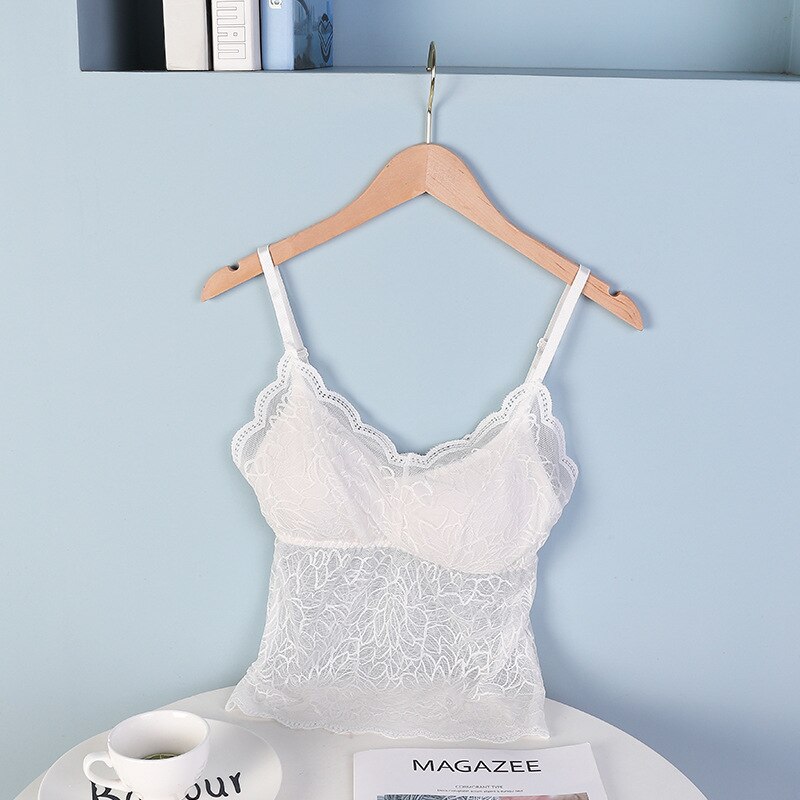 Women Crop Top Lace Bralette Wireless Padded Tank Top Deep V Lace Cami Lingerie Female Embroidery Floral Camisole: white